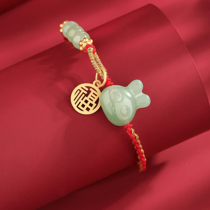 925 Sterling Silver Year of the Rabbit Hetian Jade Happiness Luck Red String Bracelet