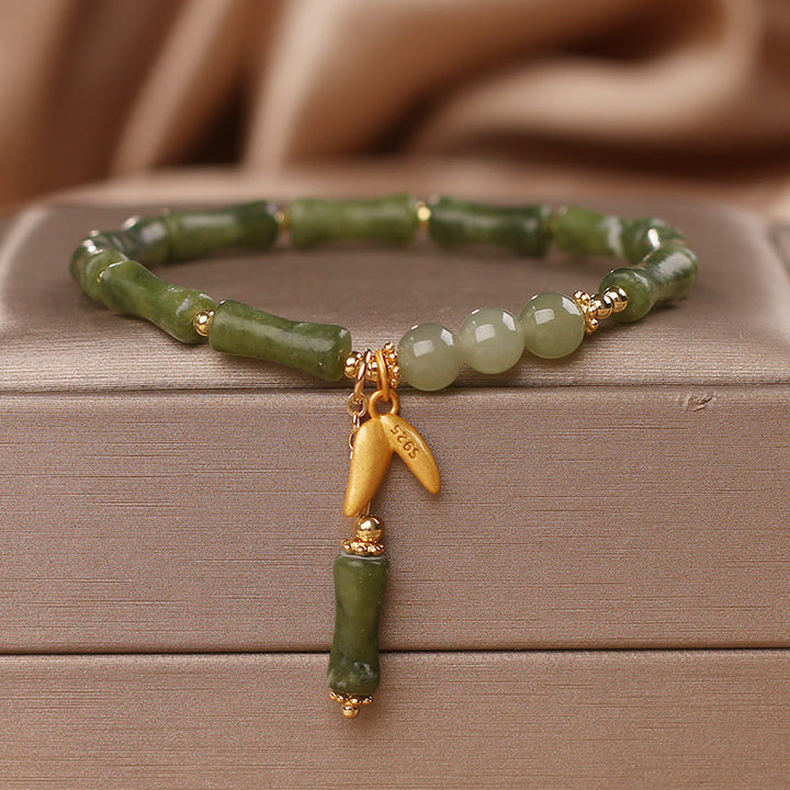 Buddha Stones Green Bamboo Jade Leaf Pattern Wealth Luck Bracelet