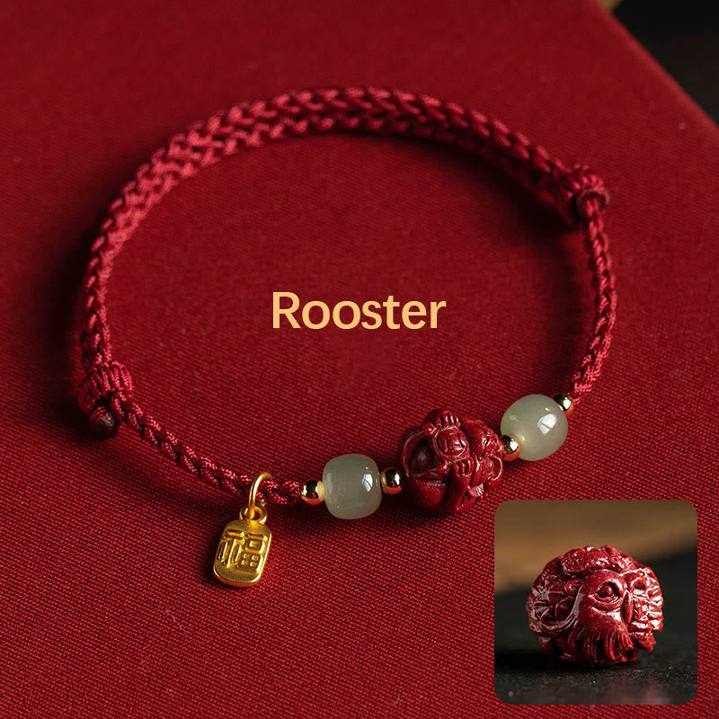 Buddha Stones Natural Cinnabar Chinese Zodiac Hetian Jade Fu Character Luck Rope Bracelet