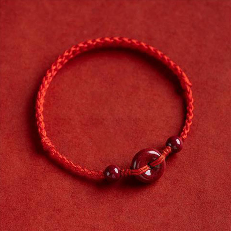 Buddha Stones Handmade Cinnabar Peace Buckle Safe and Healthy Charm Blessing String Bracelet Anklet