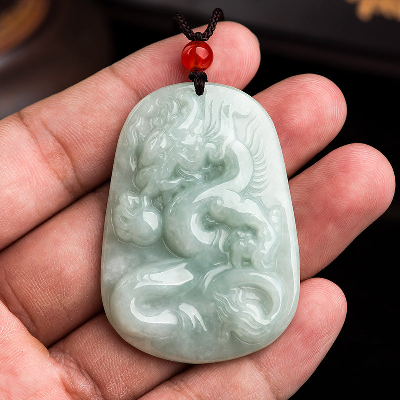 Chinese Zodiac Flying Dragon Jade Protection Necklace String Pendant