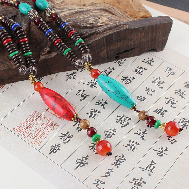 Buddha Stones Wenge Wood Turquoise Stone Protection Calm Necklace Pendant