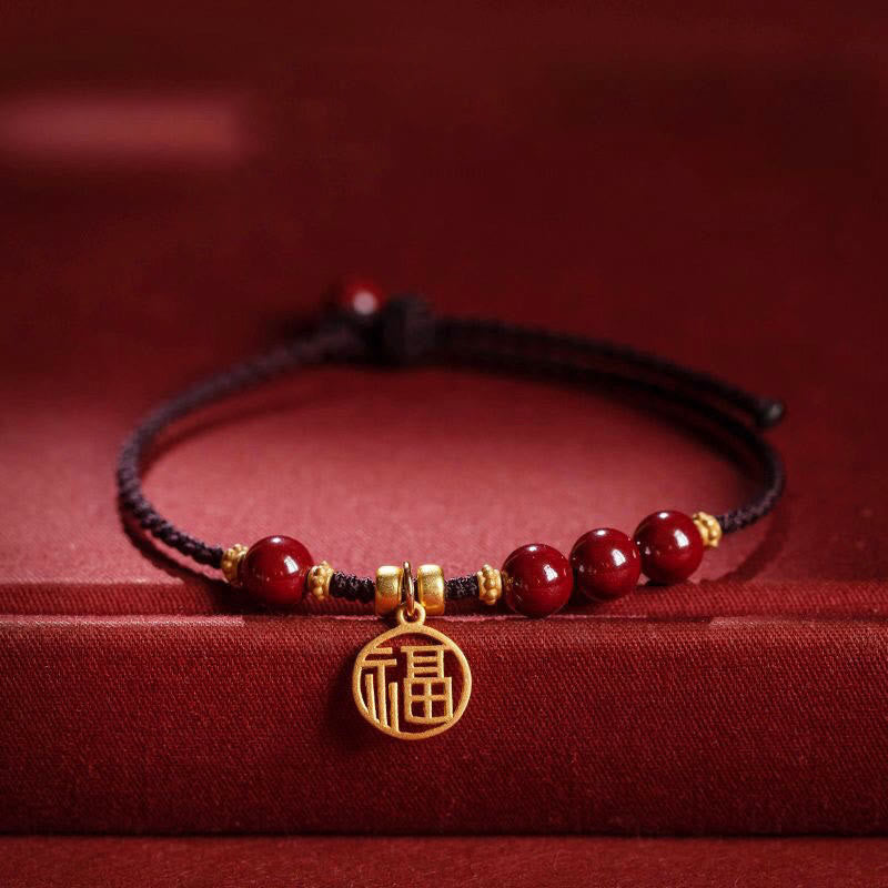 Buddha Stones Cinnabar Bead Fu Character Charm Blessing Braided String Bracelet