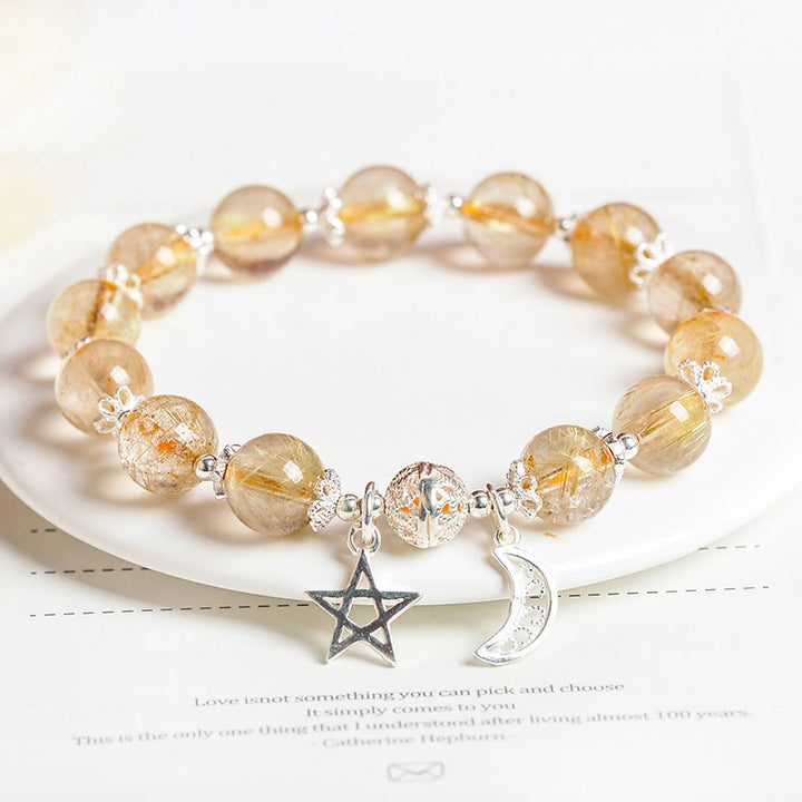 925 Sterling Silver Natural Citrine Happiness Moon Star Charm Bracelet