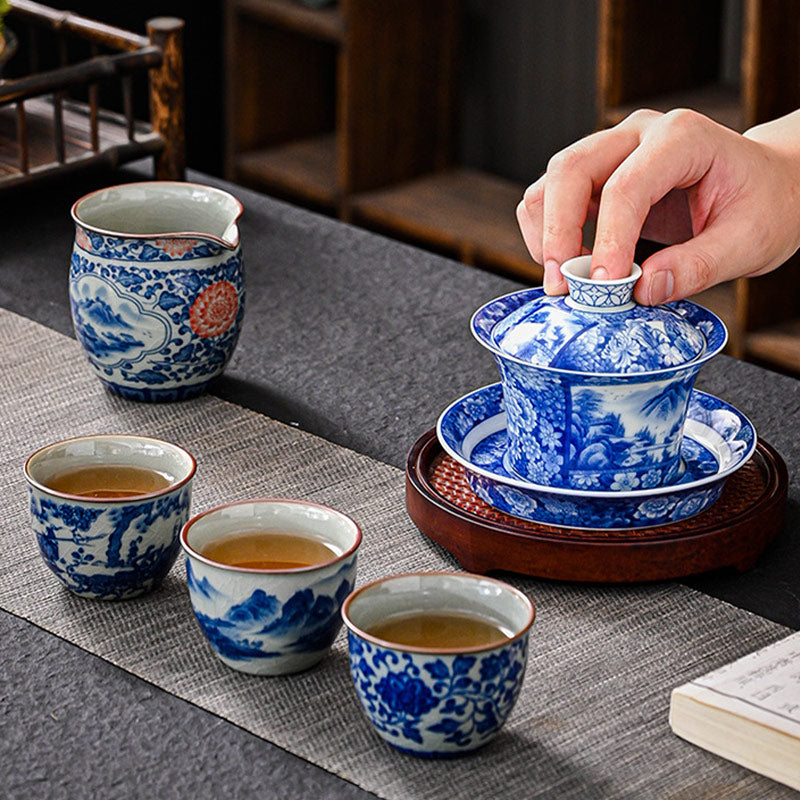 Buddha Stones Jingdezhen Dragon Phoenix Pavilion Pine Flower Ceramic Gaiwan Sancai Teacup Kung Fu Tea Cup And Saucer With Lid 170ml