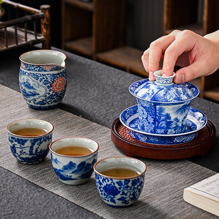 Buddha Stones Jingdezhen Dragon Phoenix Pavilion Pine Flower Ceramic Gaiwan Sancai Teacup Kung Fu Tea Cup And Saucer With Lid 170ml