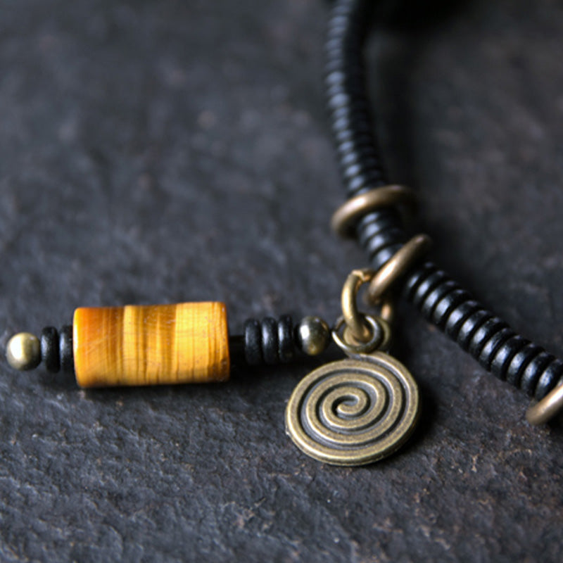 Buddha Stones Ebony Wood Dzi Bead Copper Peace Couple Bracelet Necklace Pendant