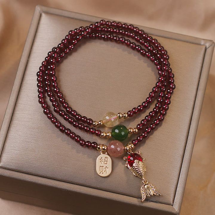 Buddha Stones Natural Garnet Strawberry Quartz Crystal Fox Koi Fish Peace Buckle Fortune Protection Triple Wrap Bracelet