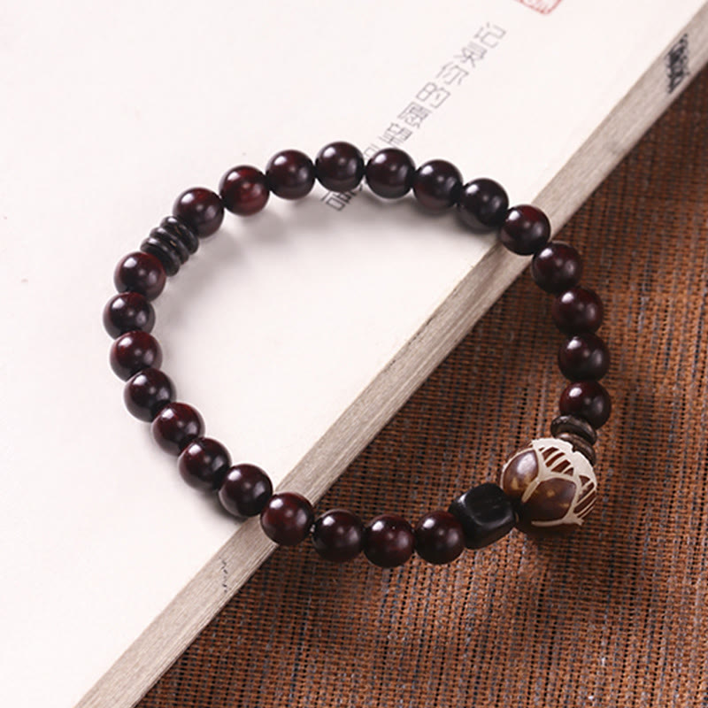 Buddha Stones Small Leaf Red Sandalwood Lotus Bodhi Seed Carved Protection Double Wrap Bracelet