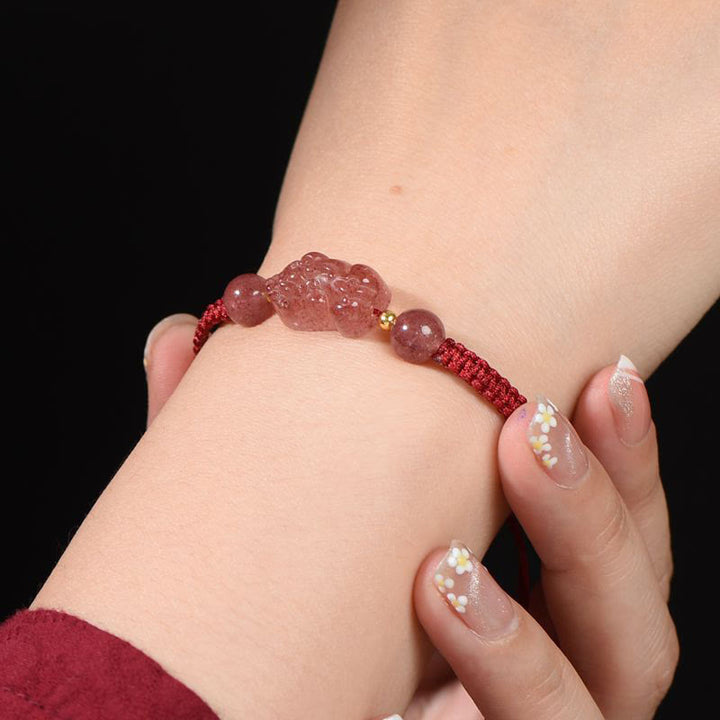 Buddha Stones Natural Strawberry Quartz PiXiu Lucky Red String Bracelet