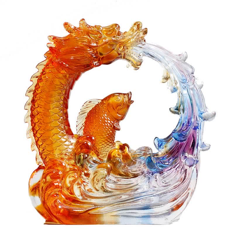 Feng Shui Dragon Koi Fish Handmade Liuli Crystal Art Piece Home Office Decoration