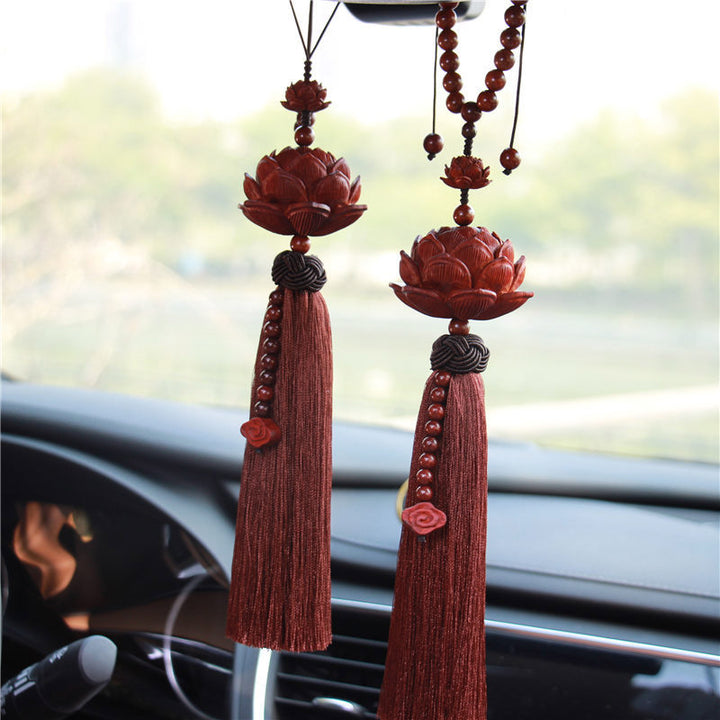 Buddha Stones Tibetan Small Leaf Red Sandalwood Lotus Luck Protection Tassel Decoration