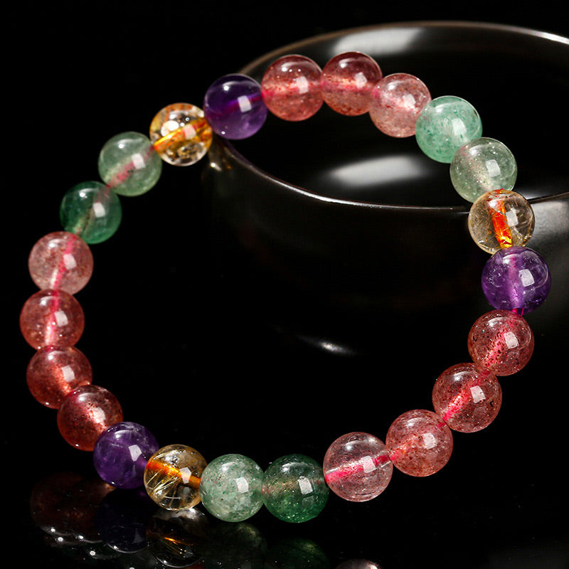 Buddha Stones Natural Multicolored Strawberry Quartz Love Healing Beaded Bracelet