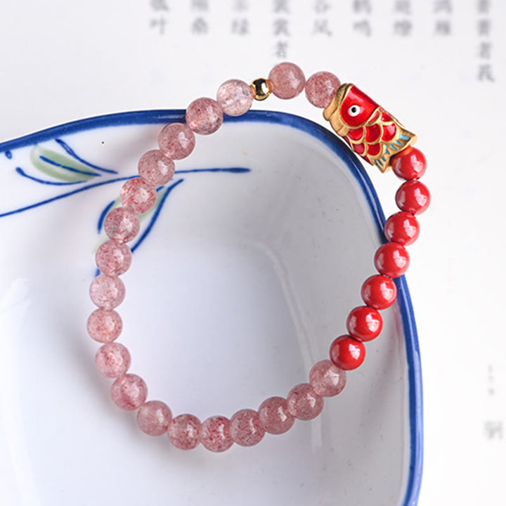 Buddha Stones Natural Strawberry Quartz Cinnabar Lucky Koi Fish Healing Bracelet