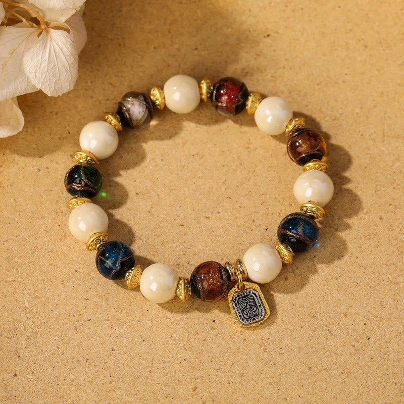 Buddha Stones Tibetan Zakiram Goddess of Wealth Charm Liuli Glass Incense Ash Porcelain Bead Protection Bracelet