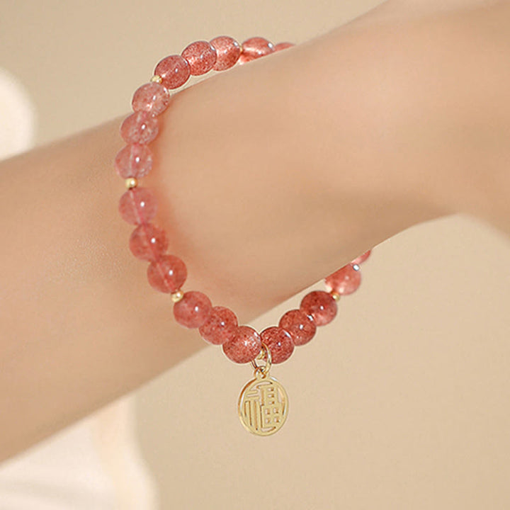 Buddha Stones 14K Gold Plated Strawberry Quartz Fu Character Healing Charm Bracelet