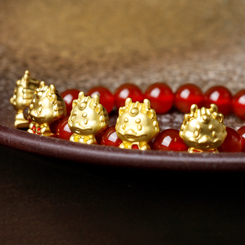 Buddha Stones Year of the Dragon Natural Red Agate Copper Coin Fu Character Protection Bracelet