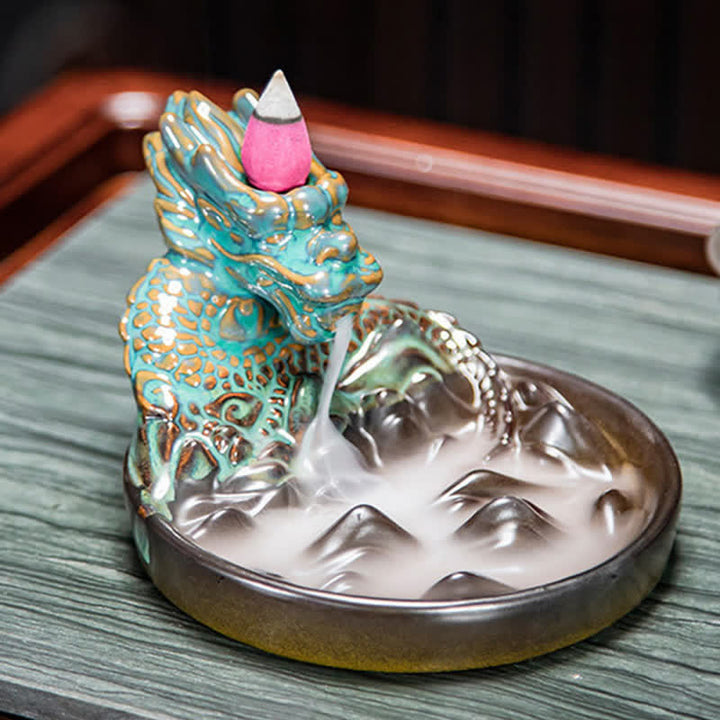 Dragon Pattern Ceramic Backflow Smoke Fountain Incense Burner Decoration