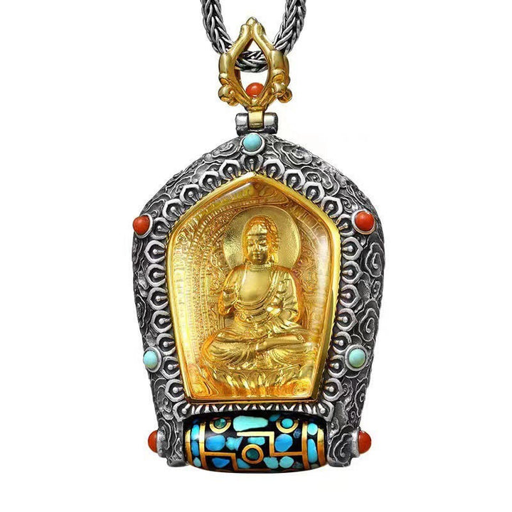 Tibet Chinese Zodiac Natal Buddha Thangka Prosperity Rotatable Dzi Bead Necklace Pendant