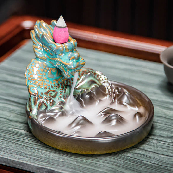 Dragon Pattern Ceramic Backflow Smoke Fountain Incense Burner Decoration