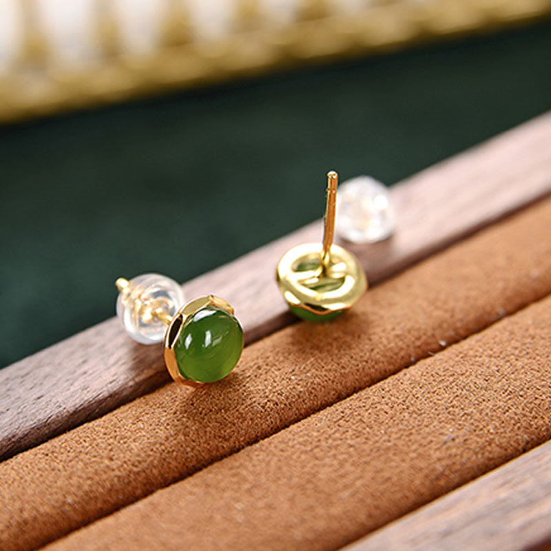 Buddha Stones 925 Sterling Silver Plated Gold Natural Hetian Cyan Jade Bead Luck Stud Earrings