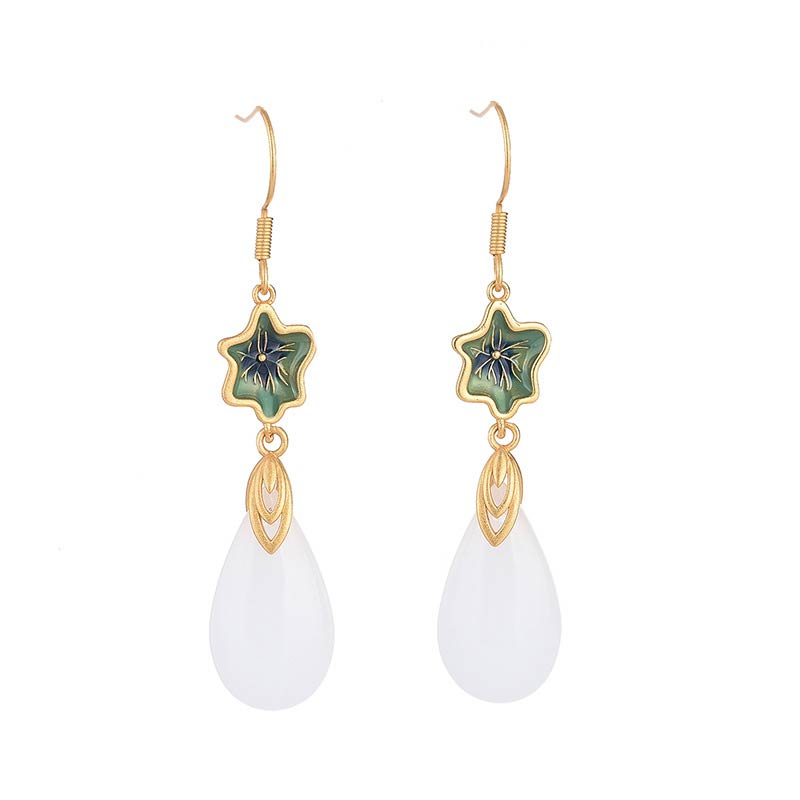 Buddha Stones FengShui White Jade Luck Drop Earrings