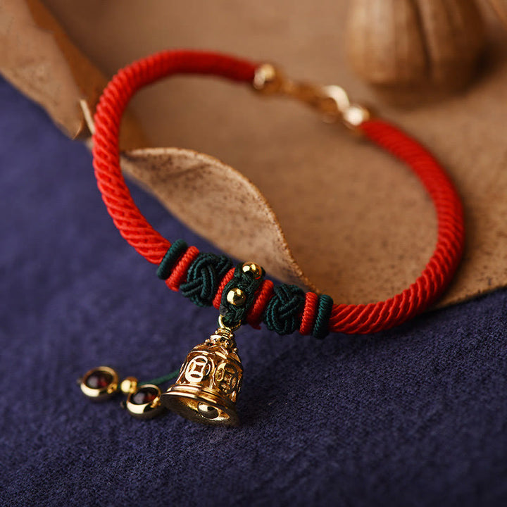 Buddha Stones 14K Gold Plated Copper Coin Bell Garnet Handcrafted Red Rope Bracelet