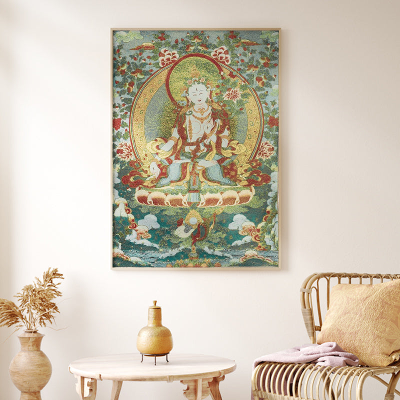 Buddha Stones Tibetan Silk Embroidery White Tara Thangka Tapestry Wall Hanging Wall Art Meditation for Home Decor