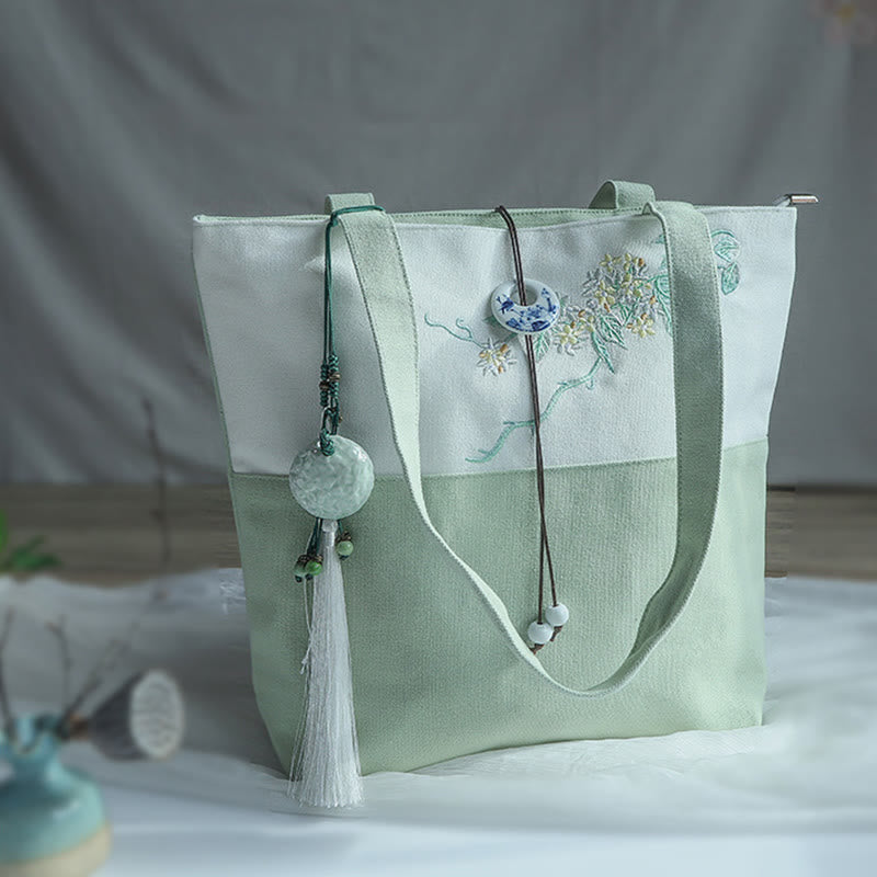 Pear Flower Plum Peach Blossom Bamboo Embroidery Canvas Large Capacity Shoulder Bag Tote Bag