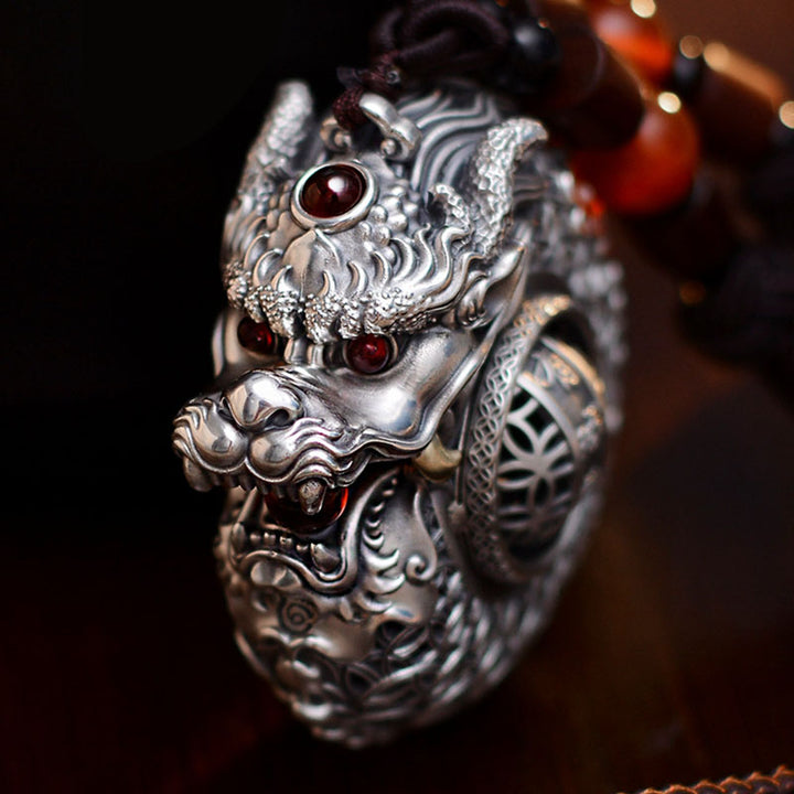 Buddha Stones 999 Sterling Silver Year of the Dragon Rotatable Ball Five Elements Copper Coin Strength Hanging Decoration