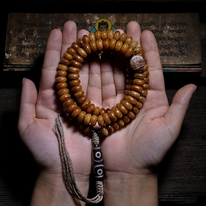 Buddha Stones Tibet 108 Mala Beads Yak Bone Three-eyed Dzi Bead Keep Away Evil Spirits Bracelet