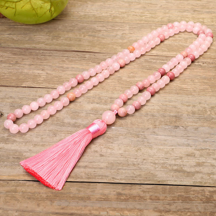 108 Mala Beads Pink Crystal Love Tassel Bracelet