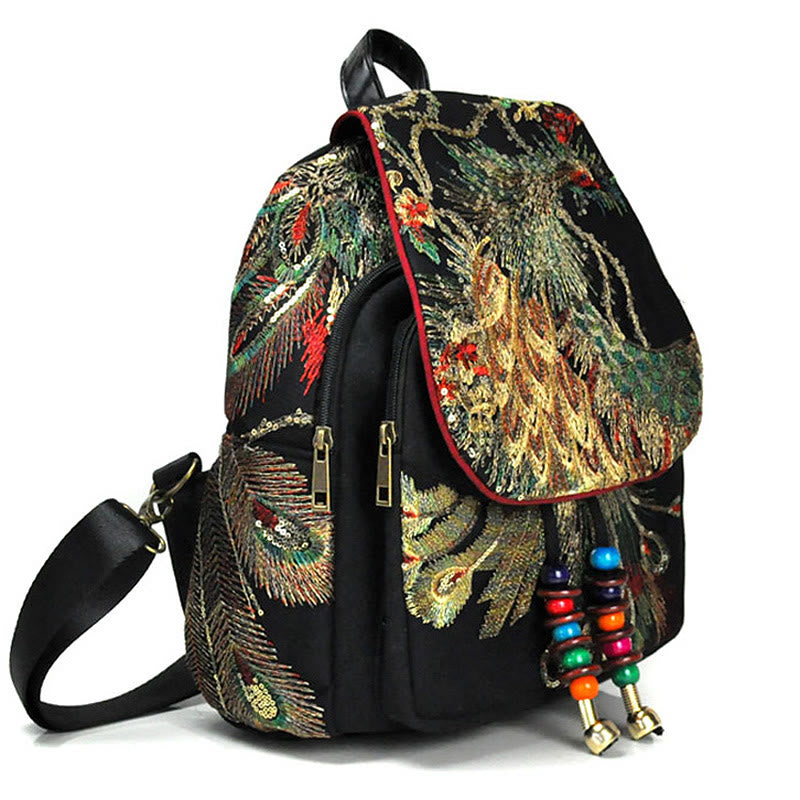 Peacock Embroidery Canvas Tassel Backpack