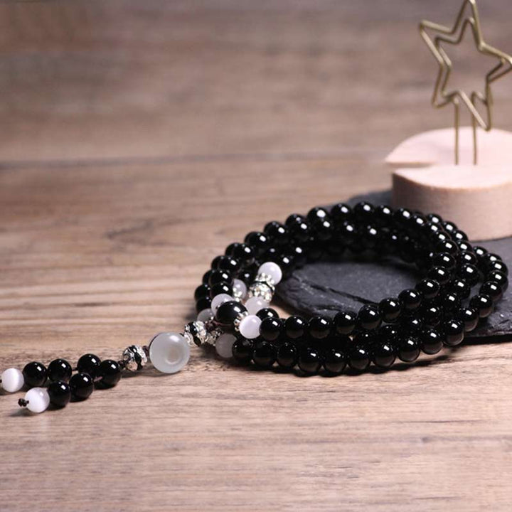 Black Onyx White Crystal Bead Meditation Bracelet