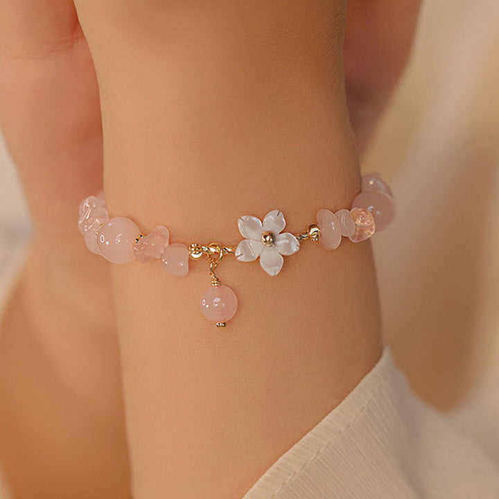 Buddha Stones 14k Gold Plated Natural Pink Crystal Flower Love Bracelet