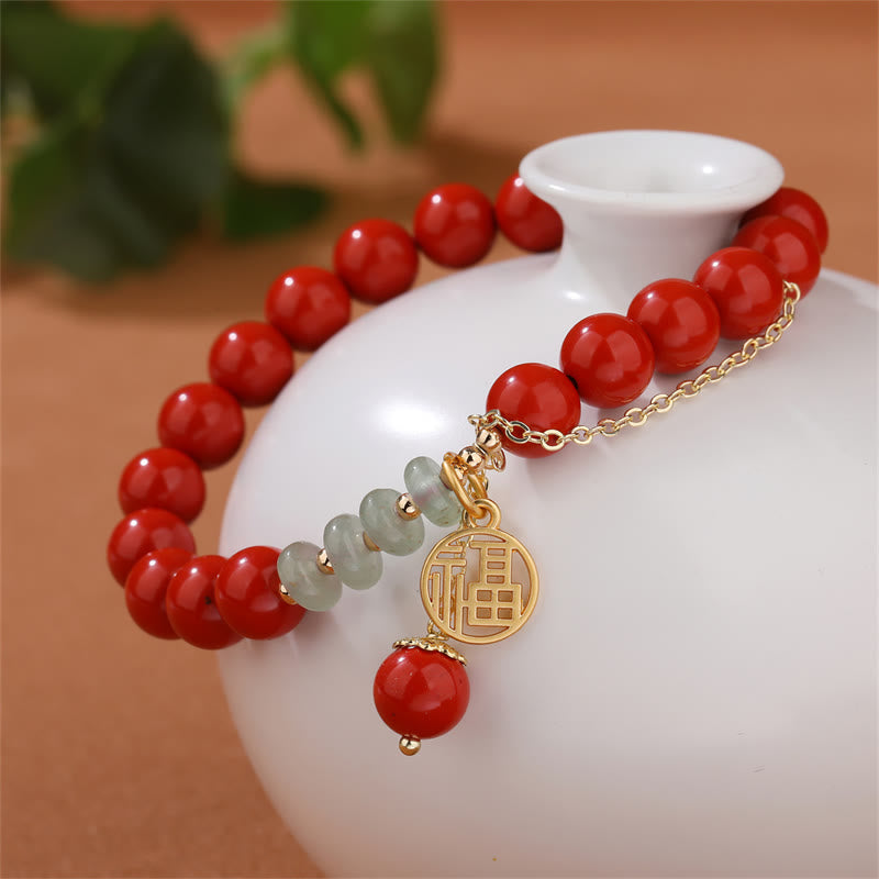 Buddha Stones Cinnabar Auspicious Fu Character Jade Calm Bracelet