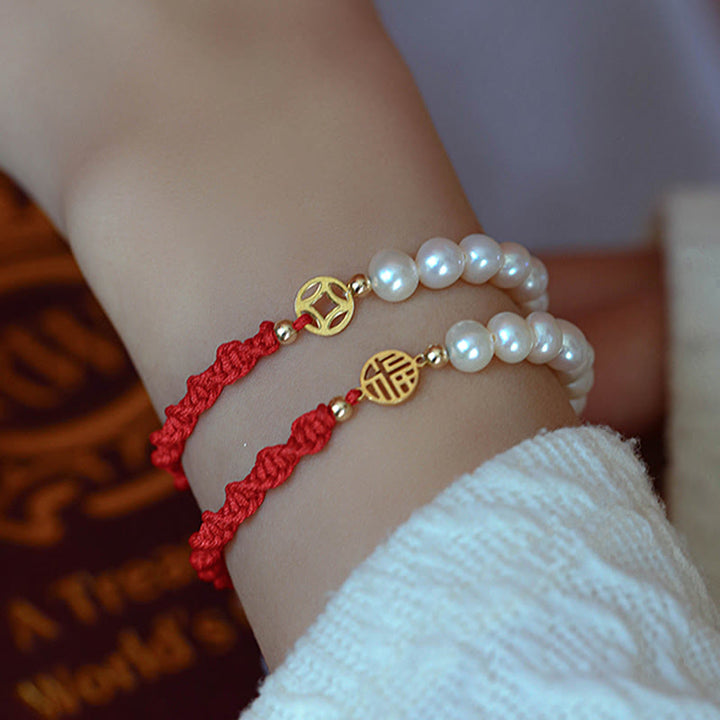 14K Gold Plated Pearl Bead Luck Protection Braid Red String Bracelet