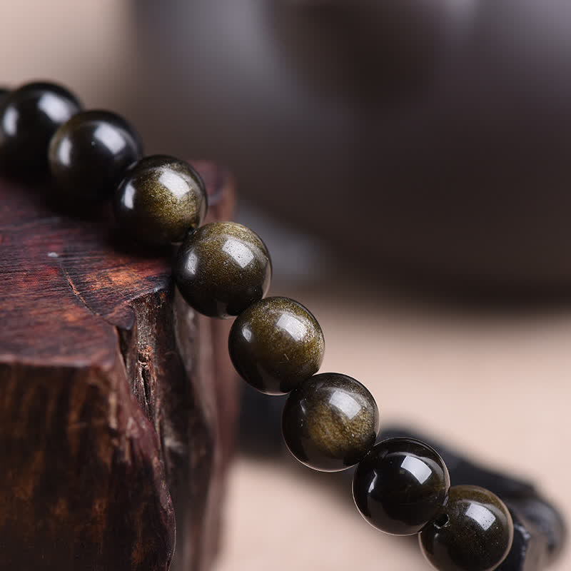 Buddha Stones  Gold Sheen Obsidian Black Tourmaline Wealth Bracelet