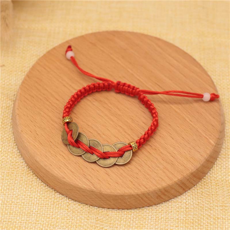 Buddha Stones Copper Coin Fortune Red String Weave Bracelet