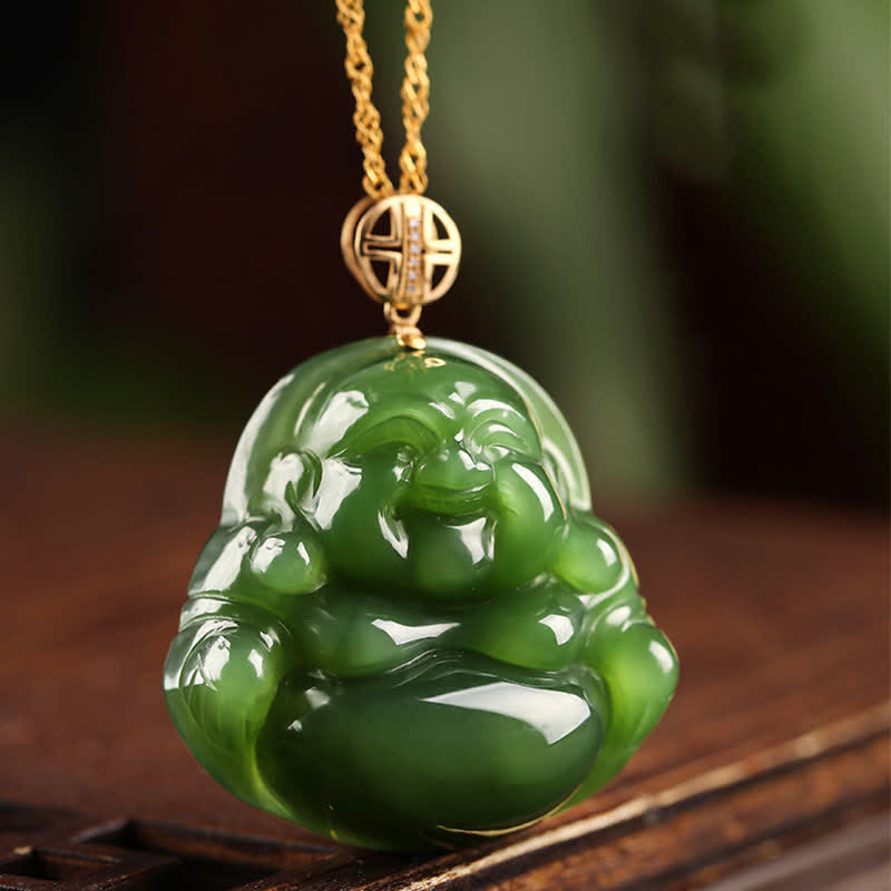 925 Sterling Silver Laughing Buddha Hetian Cyan Jade 18K Gold Success Necklace Chain Pendant