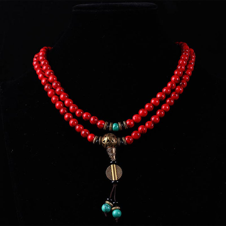 Buddha Stones Tibetan Mala Red Turquoise Lucky Necklace Bracelet