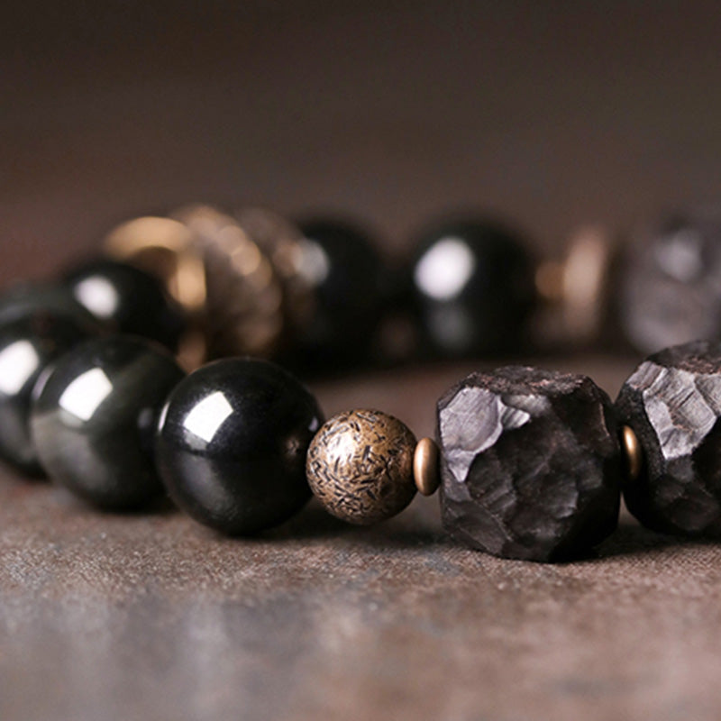 Buddha Stones Black Obsidian Ebony Wood Copper Strength Couple Bracelet