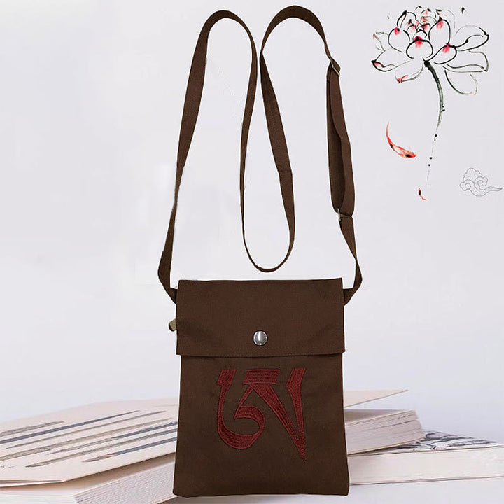 Handmade OM Mantra Embroidered Spiritual Mind Practice Cotton Crossbody Bag Shoulder Bag Cellphone Bag