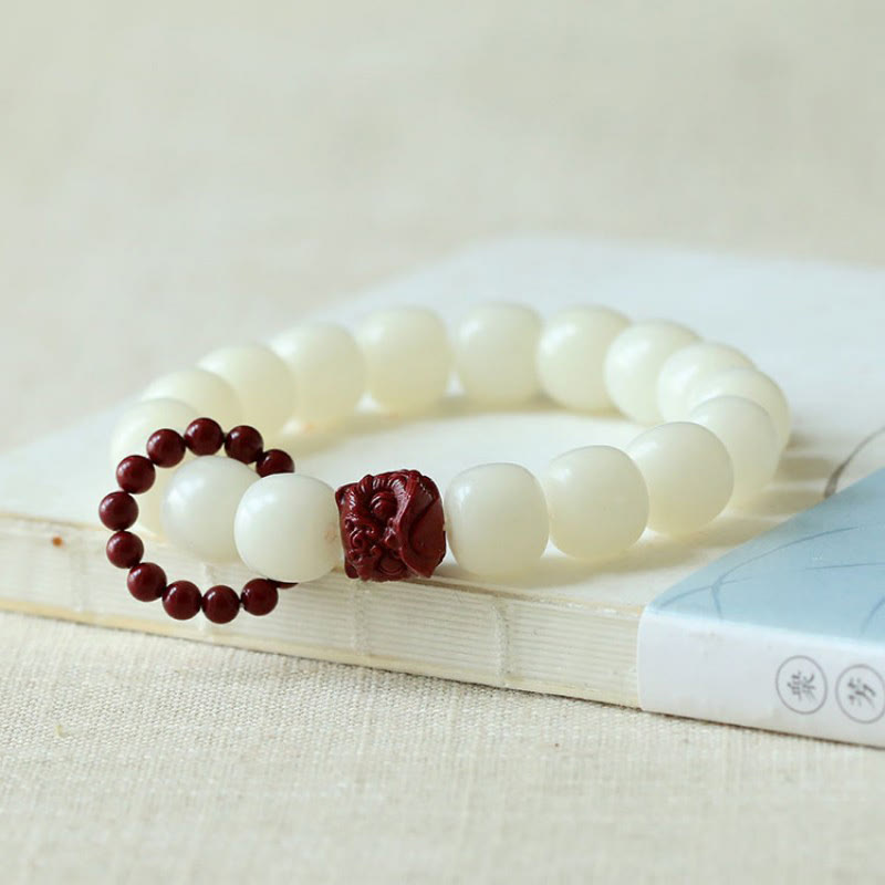 Buddha Stones Natural Bodhi Seed Cinnabar Dancing Lion Charm Wisdom Harmony Wrist Mala