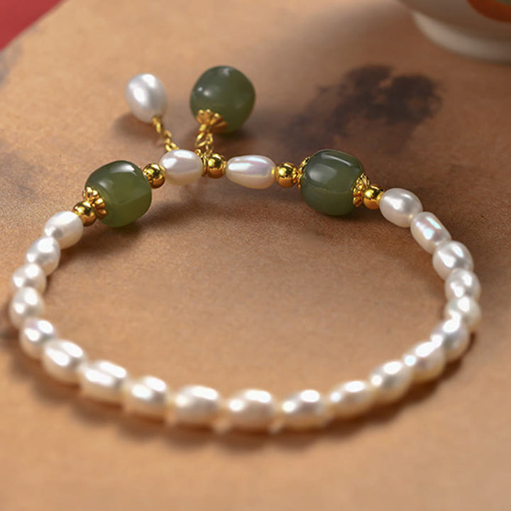 Buddha Stones 925 Sterling Silver Natural Pearl Hetian Jade Healing Bracelet