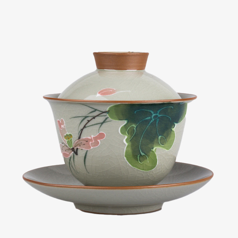 Buddha Stones Lotus Koi Fish Pod Leaf Ceramic Gaiwan Sancai Teacup Kung Fu Tea Cup And Saucer With Lid 140ml