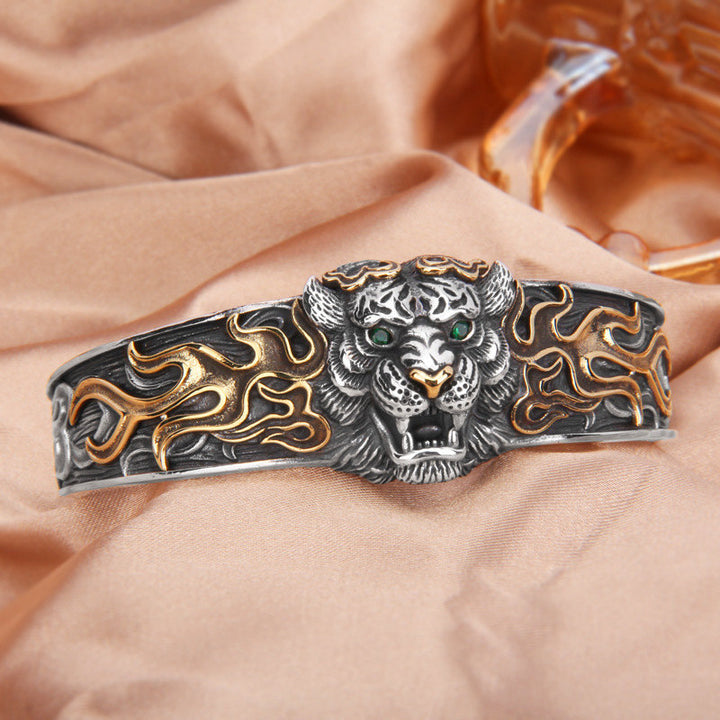 925 Sterling Silver Chinese Zodiac Tiger Keep Away Evil Spirits Bracelet Bangle