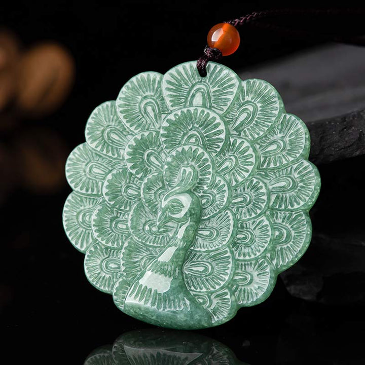 Natural Jade Peacock Luck Prosperity Necklace Pendant