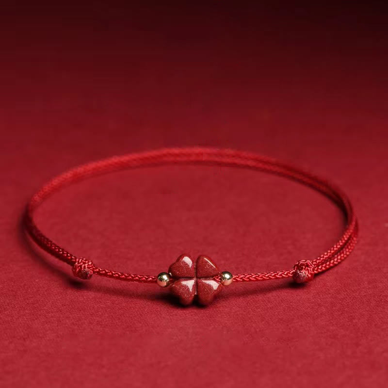 Buddha Stones Natural Cinnabar Four Leaf Clover Blessing Red String Bracelet Anklet