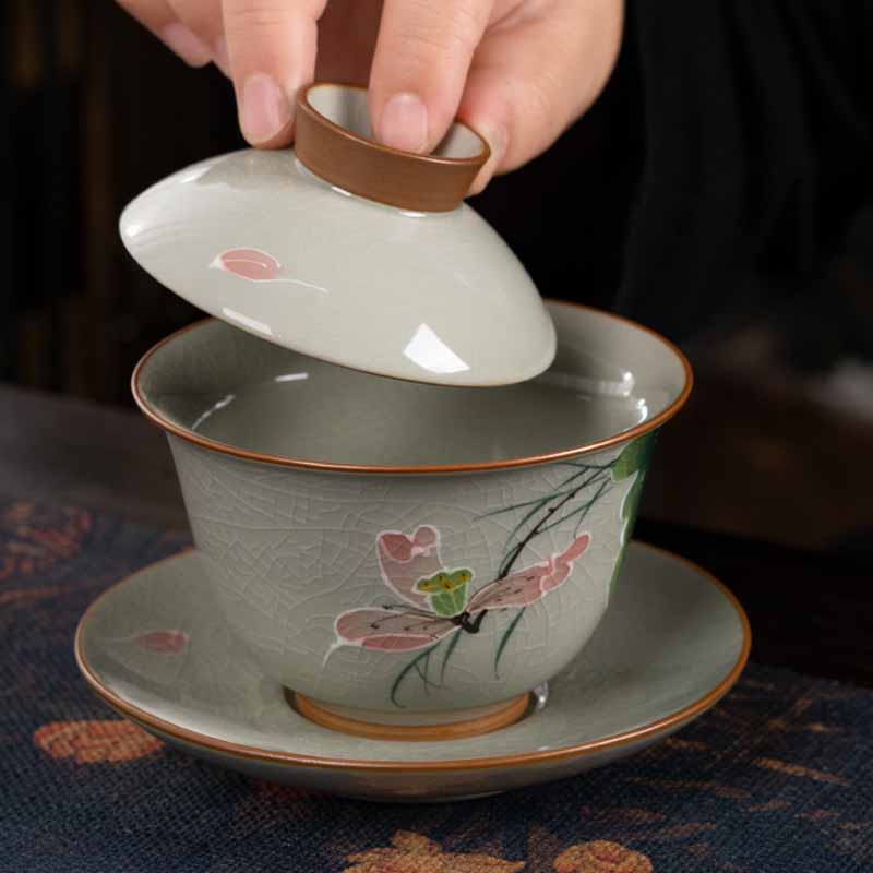 Buddha Stones Lotus Koi Fish Pod Leaf Ceramic Gaiwan Sancai Teacup Kung Fu Tea Cup And Saucer With Lid 140ml